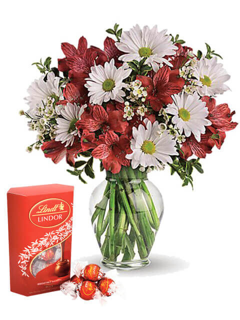 Margherite, alstroemeria e cioccolatini Lindor