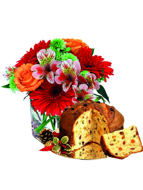 bouquet di fiori misti con panettone