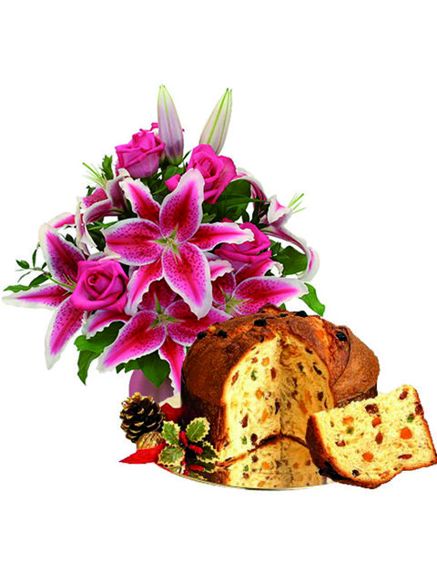 Bouquet di rose e lilium con panettone