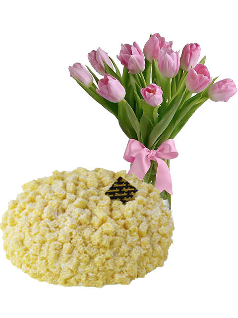torta mimosa con tulipani rosa