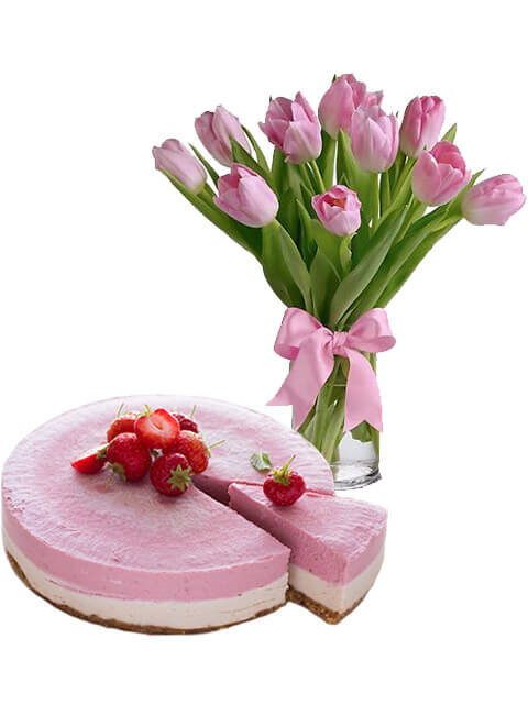 cheesecake fragola con tulipani rosa