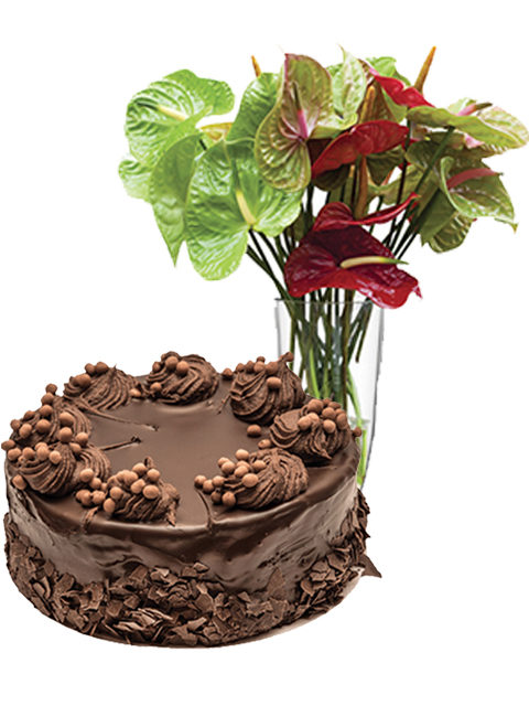 torta al cioccolato con bouquet di anthurium