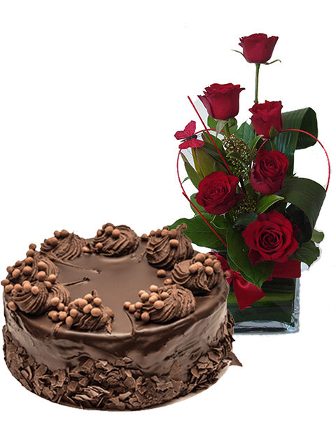 torta al cioccolato con bouquet di sei rose