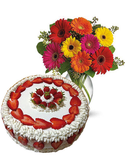 torta alle fragole e crema con panna e gerbere