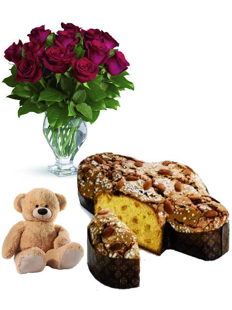 colomba con 12 rose rosse e peluche
